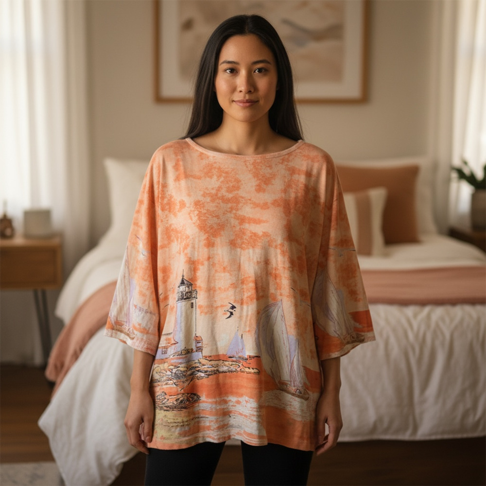 Blair Orange Tie-Dye Lighthouse Sequin Boat Neck Top 2XL